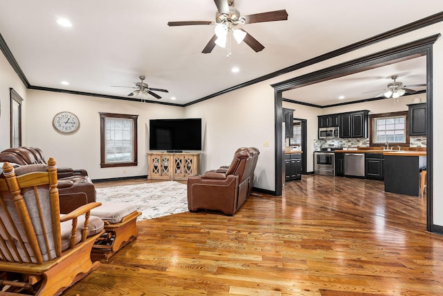 living room with sink, ceiling fan, crown molding, and hardwood / wood-style flooring