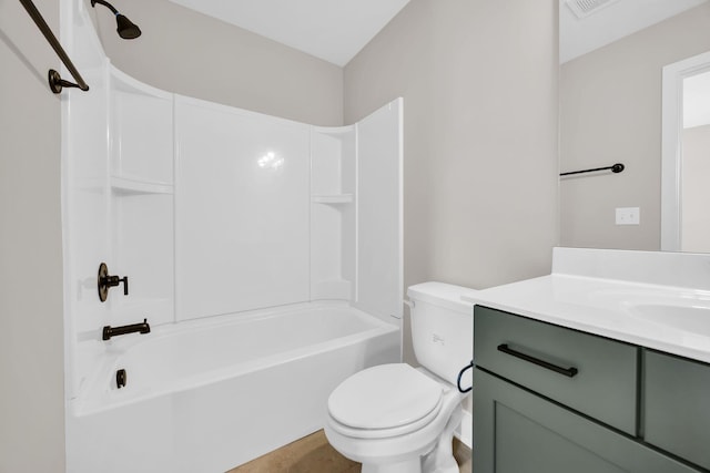 full bathroom with toilet, vanity, and washtub / shower combination