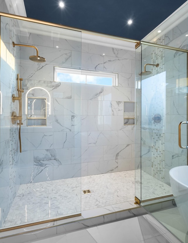 bathroom featuring independent shower and bath and crown molding