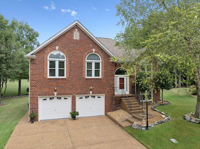 view of front of house with a front lawn and a garage