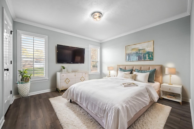 bedroom featuring ornamental molding and dark wood-type flooring