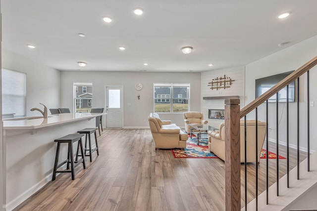 living room featuring sink, a fireplace, and light wood-type flooring