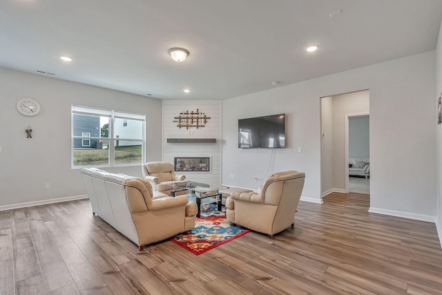 living room featuring a large fireplace and light hardwood / wood-style flooring