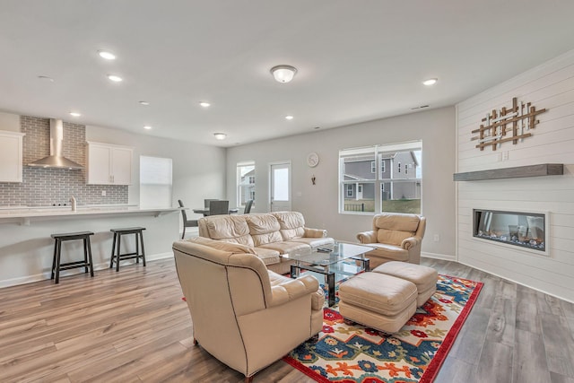 living room with a fireplace and light hardwood / wood-style flooring