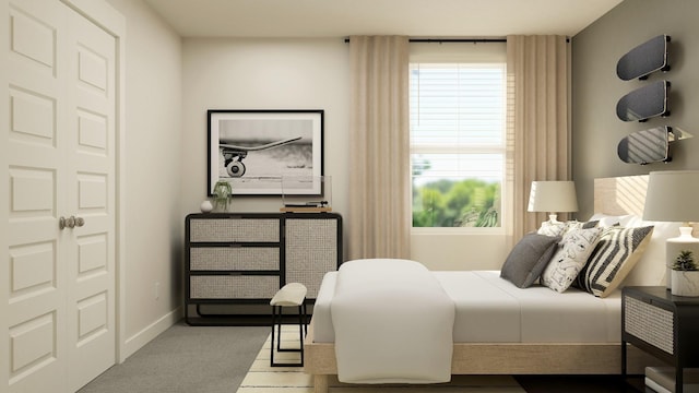 bedroom featuring light colored carpet