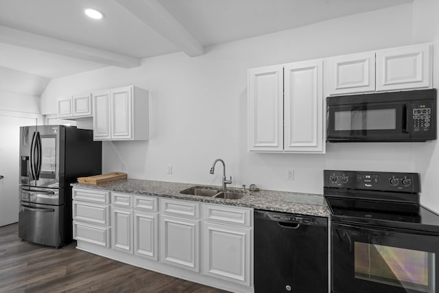 kitchen featuring beam ceiling, white cabinetry, black appliances, and sink