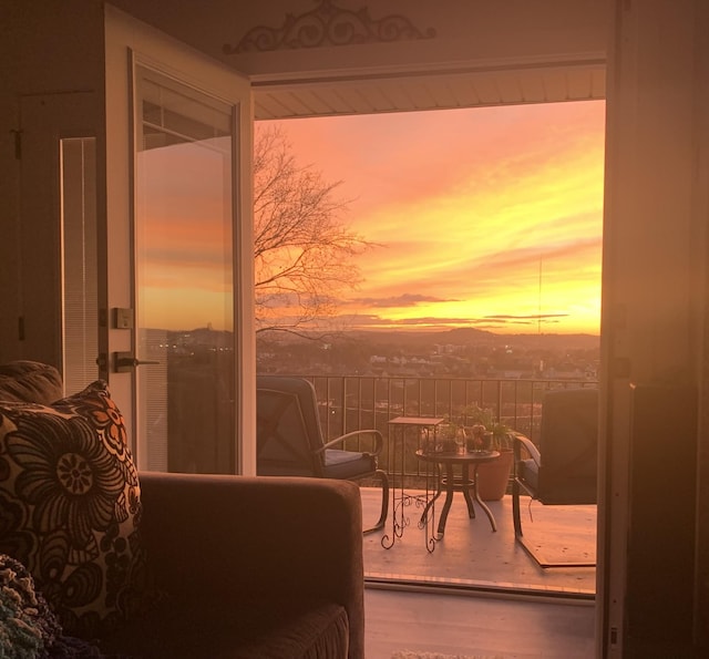 view of balcony at dusk