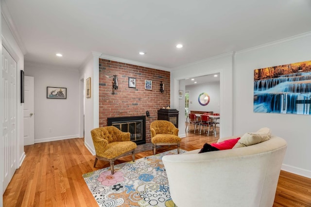 living room featuring ornamental molding, light wood-type flooring, and a fireplace