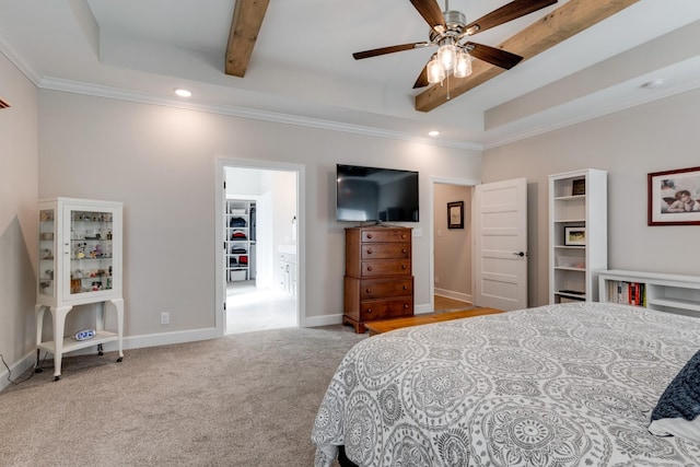 bedroom featuring ceiling fan, ornamental molding, light carpet, and beamed ceiling