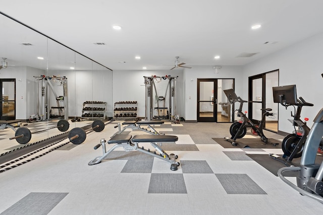 exercise room featuring ceiling fan