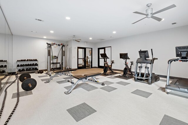 exercise room featuring ceiling fan