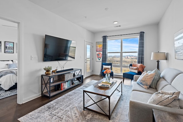 living room with dark wood-type flooring