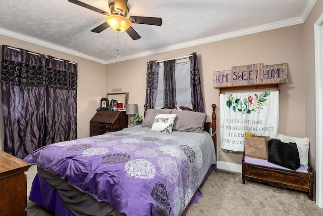 bedroom with ornamental molding, a textured ceiling, light colored carpet, and ceiling fan