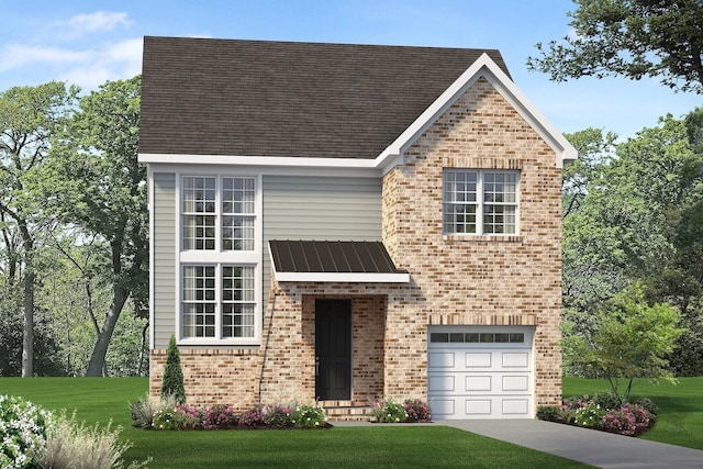 view of front of house featuring a front yard and a garage