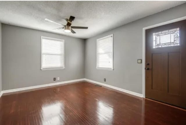 entryway with ceiling fan, plenty of natural light, a textured ceiling, and dark hardwood / wood-style floors