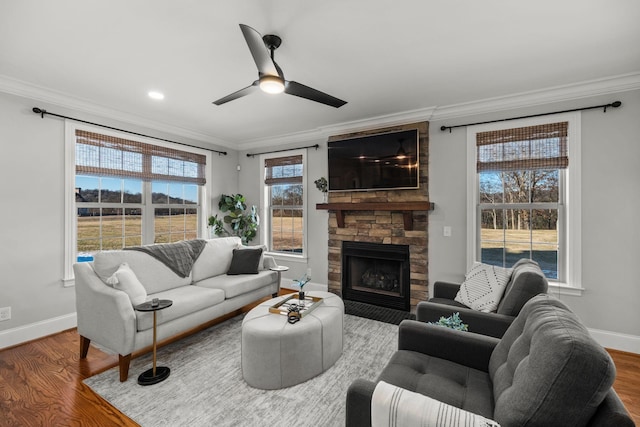 living room with ceiling fan, hardwood / wood-style floors, ornamental molding, and a fireplace