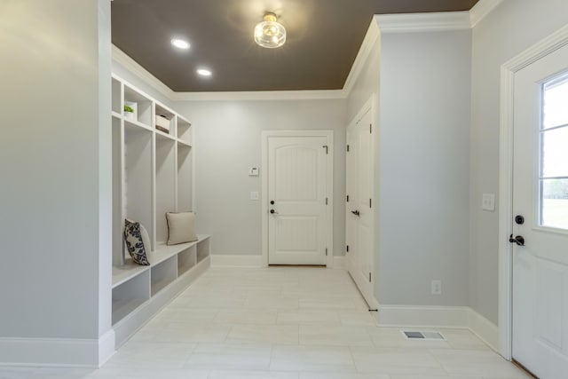 mudroom featuring crown molding