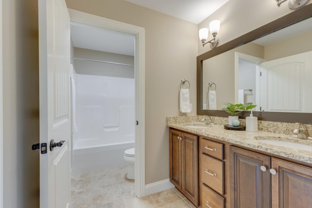 full bathroom featuring toilet, shower / tub combination, and vanity