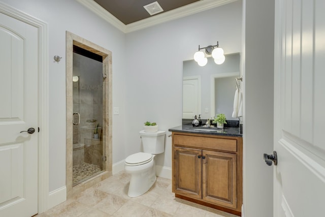 bathroom with toilet, tile patterned floors, crown molding, an enclosed shower, and vanity