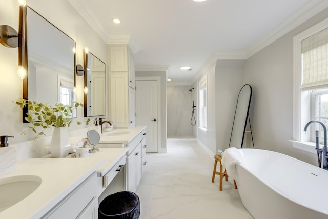 bathroom featuring vanity, ornamental molding, and plus walk in shower