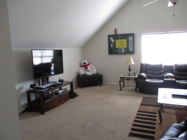 living room with light carpet and lofted ceiling