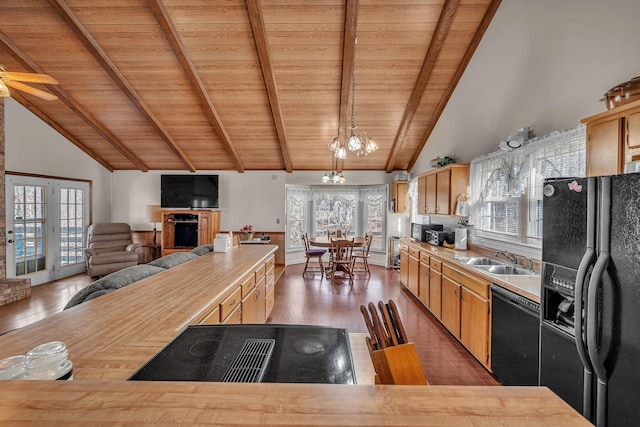 kitchen with sink, hanging light fixtures, beam ceiling, black appliances, and wooden ceiling