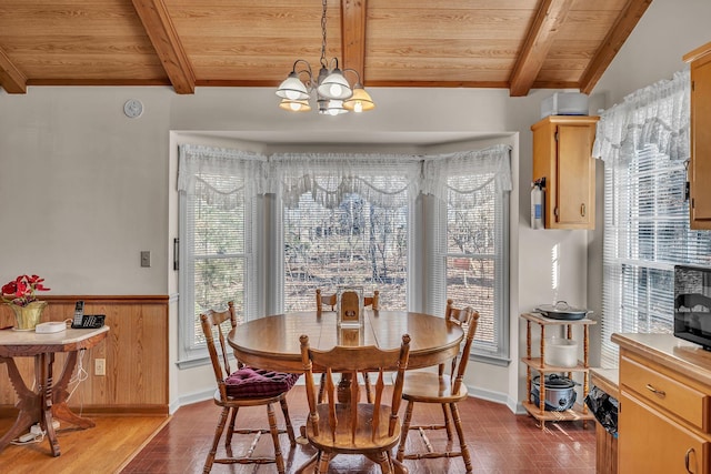 dining area featuring an inviting chandelier, vaulted ceiling with beams, wooden walls, wood-type flooring, and wooden ceiling