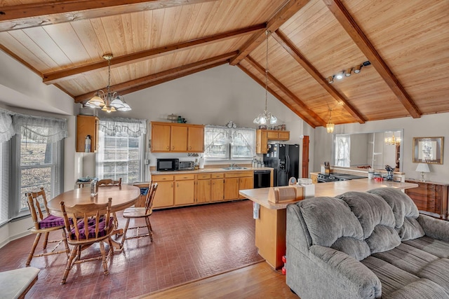 kitchen with an inviting chandelier, wood ceiling, black appliances, and kitchen peninsula