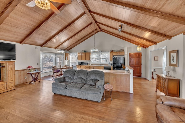 living room featuring beam ceiling, wooden walls, wooden ceiling, and light hardwood / wood-style floors