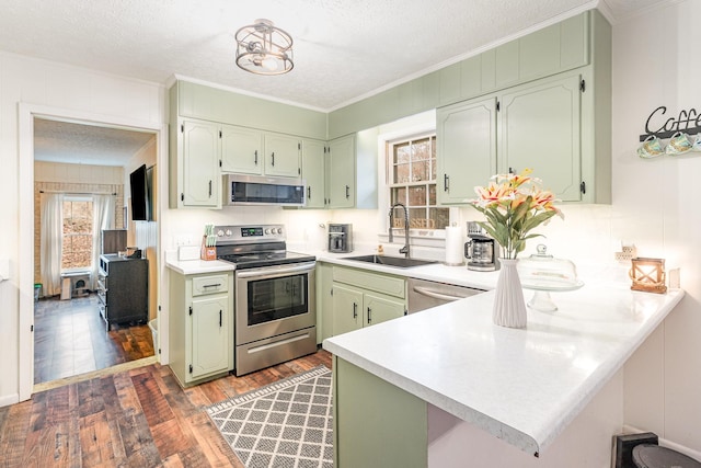 kitchen featuring kitchen peninsula, appliances with stainless steel finishes, sink, and green cabinets