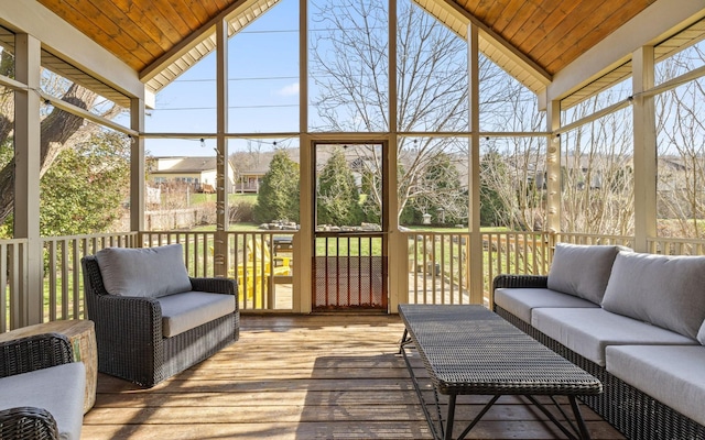 sunroom with wood ceiling