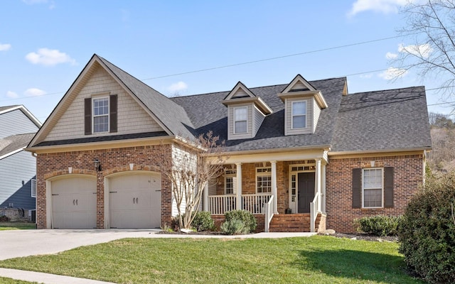 view of front facade featuring a garage, covered porch, and a front lawn