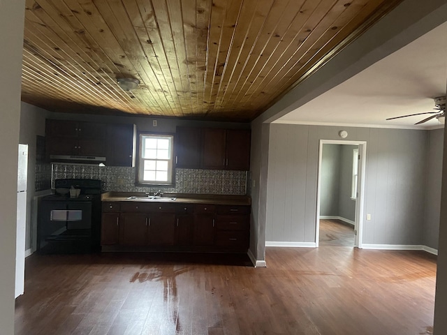 kitchen with ceiling fan, black range with electric stovetop, dark brown cabinets, wooden ceiling, and light wood-type flooring