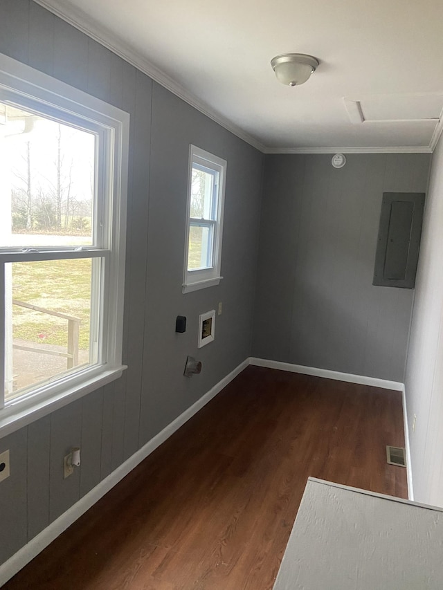 empty room featuring dark hardwood / wood-style flooring, crown molding, and electric panel