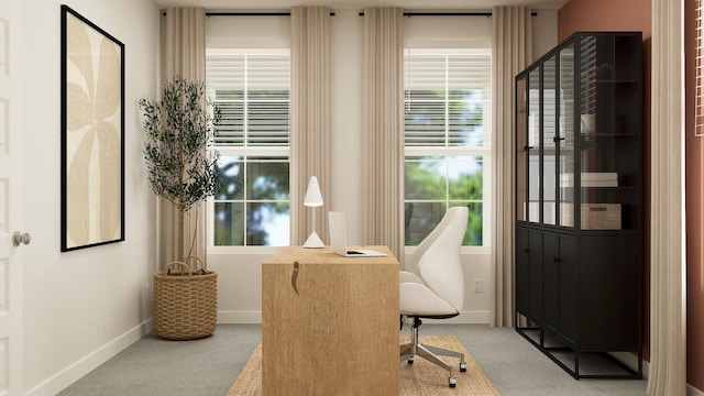 home office with light colored carpet