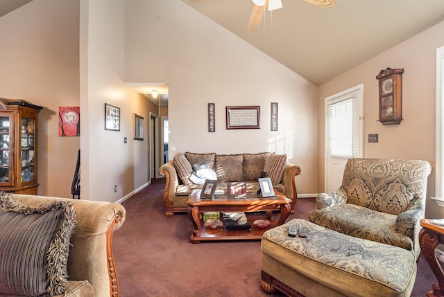 living room featuring ceiling fan, high vaulted ceiling, and dark colored carpet