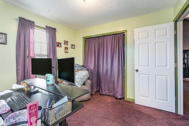 home office featuring a textured ceiling and carpet flooring