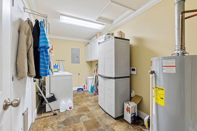 clothes washing area featuring electric panel, cabinets, separate washer and dryer, gas water heater, and crown molding