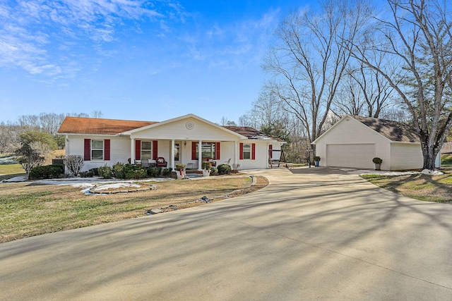 single story home with a front yard and a porch