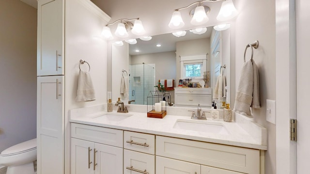 bathroom featuring vanity, walk in shower, and toilet