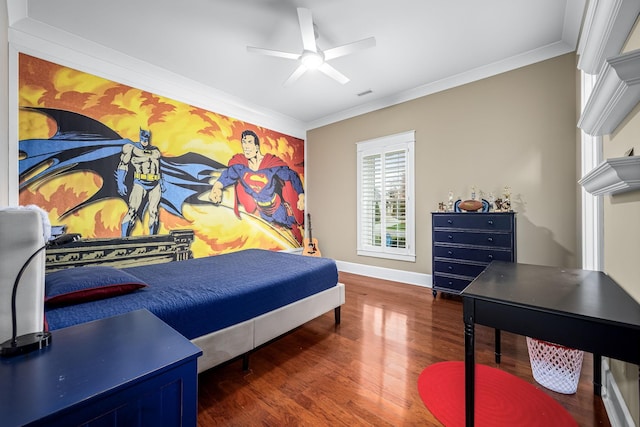 bedroom with ceiling fan, dark hardwood / wood-style flooring, and ornamental molding