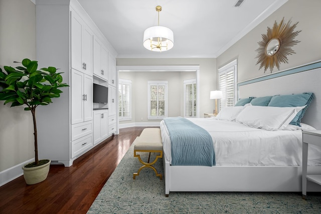 bedroom with ornamental molding and dark wood-type flooring