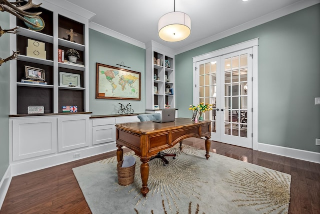 office featuring dark hardwood / wood-style flooring, french doors, built in features, and crown molding