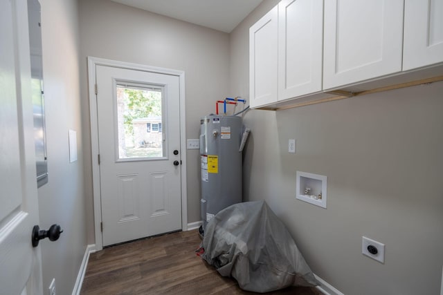 washroom with dark hardwood / wood-style floors, electric dryer hookup, hookup for a washing machine, cabinets, and water heater