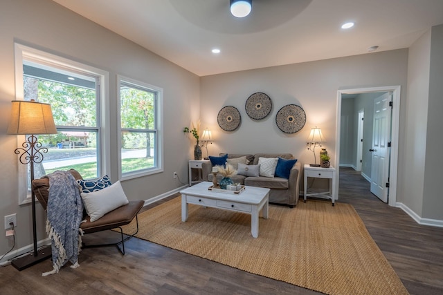 living room featuring ceiling fan and dark wood-type flooring