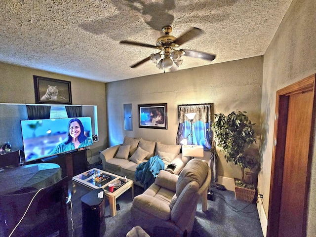 carpeted living room with a textured ceiling and ceiling fan