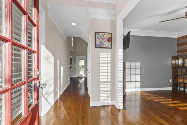 entryway with ceiling fan, dark wood-type flooring, and ornamental molding