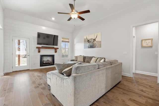 living room with a fireplace, ceiling fan, and hardwood / wood-style flooring