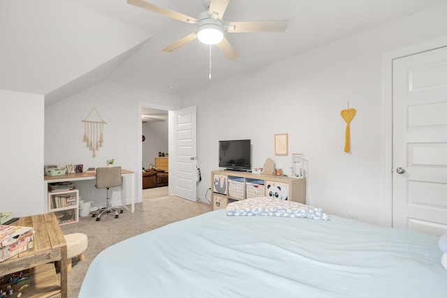 bedroom featuring lofted ceiling, light carpet, and ceiling fan