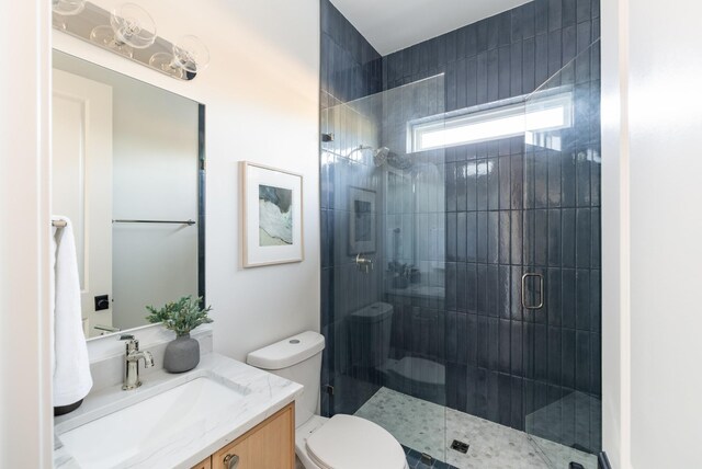 bathroom featuring toilet, a shower with door, and vanity